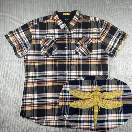 Akoo Button Up Shirt Men's 3XL Plaid Short Sleeve Button Up Dragonfly Embroidery - Image 1 of 4