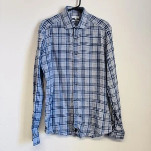 Reiss Linen Shirt Size Medium Slim Fit Blue Check Carzorla Style Long Sleeve - Picture 1 of 11