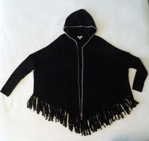 Johnny Was Boho Black Knit Pink Whipstitch Hooded Boxy Asym Fringe Cardigan M OS - Picture 1 of 16