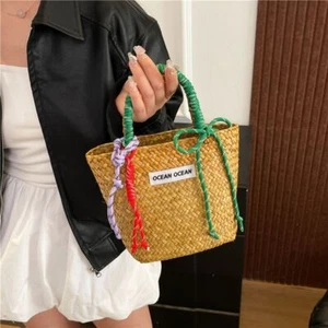Handmade Straw Woven Basket Bag Colorful Nylon Rope Carrying Handle Tote Bags. - Picture 1 of 11