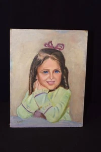 Vintage Oil Painting Big Blue Eyes Eyed Girl With Bow Brown Hair Signed 12 x 16 - Picture 1 of 8
