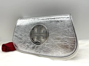 AUTH NWT TORY BURCH Reva Metallic Leather Chain Clutch Shoulder Bag In Silver - Picture 1 of 13