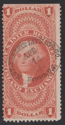 US Revenue (Scott R69c) 1866 First Issue $1 INLAND EXCHANGE Documentary HC USED - Image 1 of 2