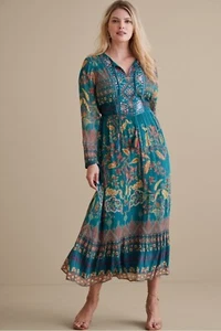 Soft Surroundings Mirapani Dress Embroidered Beaded Floral Midi Size L Boho NEW - Picture 1 of 16