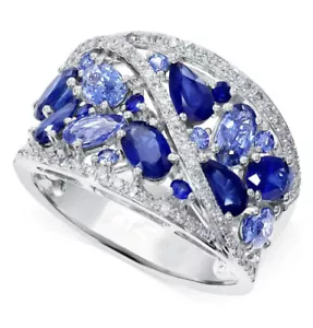 Royal Blue Cubic Zirconia Stackable Ring Size P R T Sterling Silver 925 Plated - Picture 1 of 7