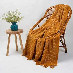 Hand Block Print Throw Handloom Beige Orange Cotton Sofa Bed Couch Blanket - Picture 1 of 6