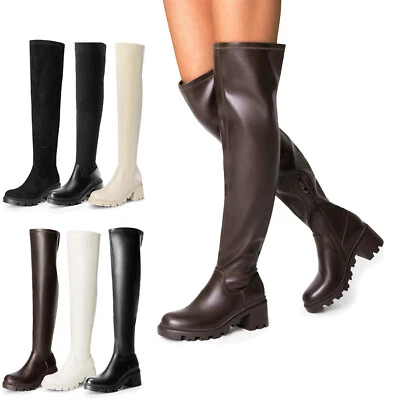 Botas hasta la rodilla para mujer Botas altas gruesas elásticas Botas con cremallera Botas de moda Foto 1 de 4