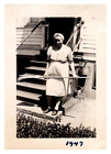 Vintage Photo Older Woman With Head Wrap & Broom, Front Porch Americana 1947