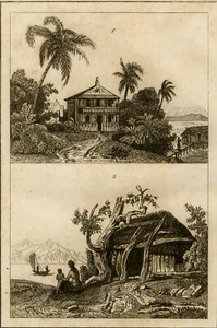 Antiker Druck-ARCHITEKTUR-HAUS-MALAYA-ARNHEIM LAND-OZEANIEN-anonym-ca. 1820 - Bild 1 von 4