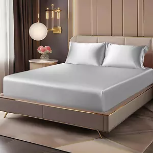 Satin Fitted Sheet and Pillowcases Set, Luxury Soft Similar to Silk Bottom Bed S - Picture 1 of 12