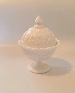 Vintage Westmoreland Milk Glass Covered Candy Dish With Grapes & Fruits Pattern - Picture 1 of 6