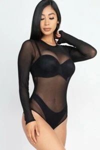 Bodysuit mesh sheer solid casual/party round neck long sleeve stretch black "S" - Picture 1 of 6
