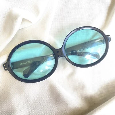 Vintage Damaged Black Oversize Round Sunglasses 60s Mod Italy Blue Lens READ - Image 1 of 4