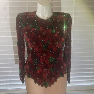 VTG Laurence Kazar Beaded Sequin Top Poinsettias Christmas 100% Silk Size Large - Picture 1 of 14