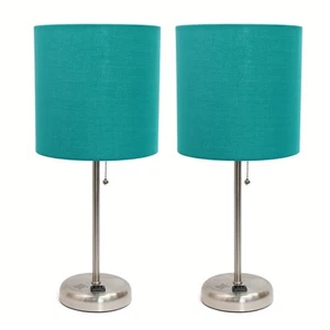 Simple Designs Brushed Steel Stick Lamp with Charging Outlet and Fabric Shade 2 - Picture 1 of 6
