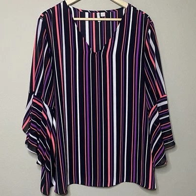 Cato Striped Sheer Blouse Women 22/24W Black Purple White Flared Sleeve Read - Image 1 of 4