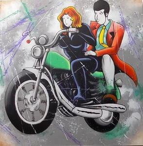 Quadro Lupin stilizzato III cm 100x100 con Margot Fujiko in moto pop art moderno - Picture 1 of 6