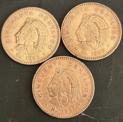 Lot of 3- Mexico 50 Centavos Coin - Cuauhtemoc - Eagle with Serpent-1957-59-A - Image 1 of 3