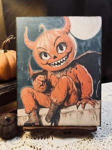 Retro Halloween, Spooky Devil Pumpkin Head Boy, Handcrafted Flat Board Canvas - Picture 1 of 3