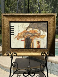 Framed Asian Abstract Mixed Media Portrait Signed “Tomu”?Red Seal Marks Textured - Picture 1 of 15
