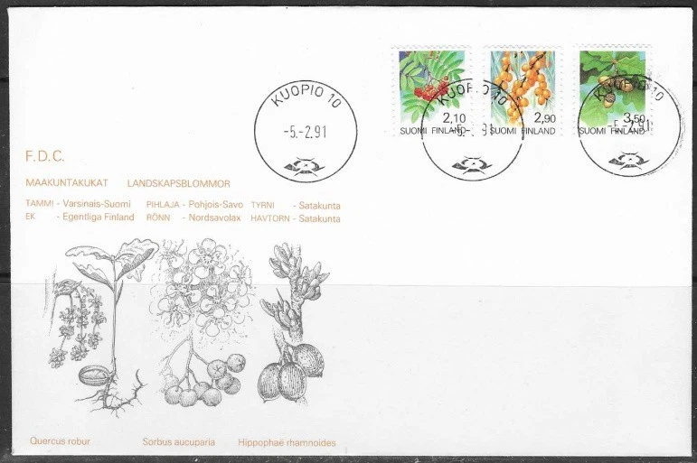 Finland 1991 Fruit, Trees, Oak, Buckthorn & Rowan, Kuopio First Day Cover - Image 1 of 1