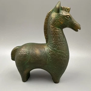 Vintage MCM Bitossi Stil Trojanisches Pferd Keramik Figur Grün Bronze Signiert - Bild 1 von 13