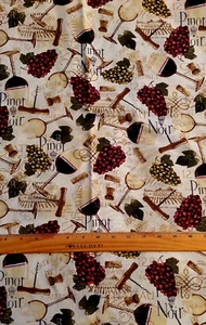 Wine Glasses, wine names, grapes, cork screw on cream cotton fabric  17" Piece - Picture 1 of 1