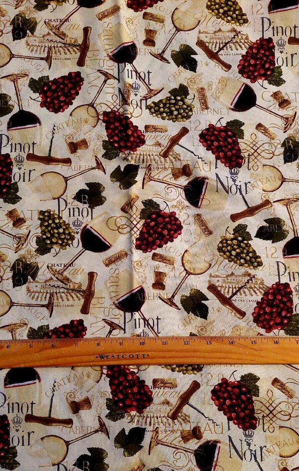 Wine Glasses, wine names, grapes, cork screw on cream cotton fabric  17" Piece - Image 1 of 1