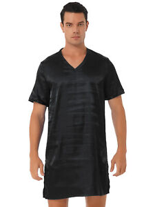 Men's Silk Satin Nightshirt V Neck Short Sleeve Casual Loose Pajama Sleep Shirt 
