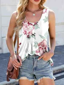 Women's Printed Scoop Neck Wide Strap Tank - 8 Colors - S-XXL - Picture 1 of 37