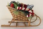 VINTAGE CHRISTMAS DECOR WICKER WOVEN SLEIGH WITH GREENERY &amp; GIFTS PINECONES CANE