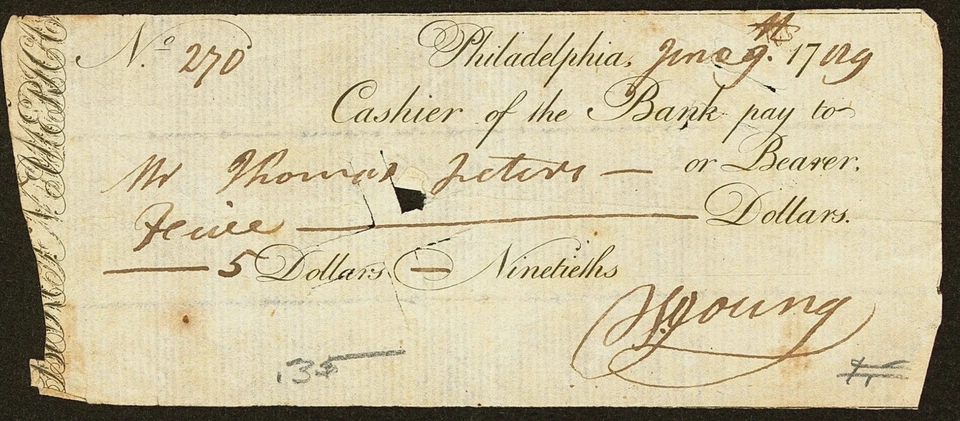 PA $5 PHILADELPHIA Pennsylvania Vintage 1700s Bank Check - Image 1 of 2