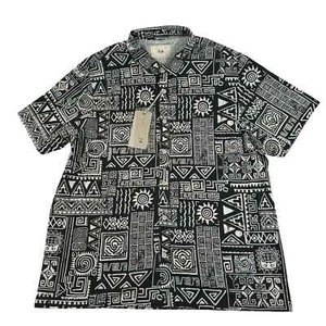Folk Clothing Linen Shirt LARGE Camp Collar Black Machu Embroidered UK NEW $165 - Picture 1 of 3