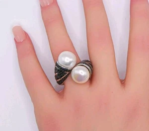 Kwan Collections Sterling Silver Pearl CZ Black Spinel Bypass Ring Size 8.5 - Picture 1 of 10