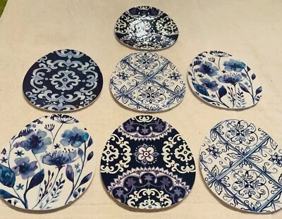 Rachel Ray Oval Egg Shaped Melamine Dishes Lot of 7 Blue On White 9 x7.5" - Image 1 of 4