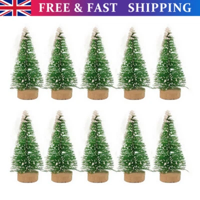 10x Miniature Christmas Tree with Wooden Base Green Bottle Brush Trees With Snow - Image 1 of 4