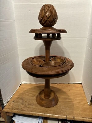 Vintage  Tiki Monkey Pod Two Tier Lazy Susan Server Honolulu Hawaii Acacia Wood - Image 1 of 4