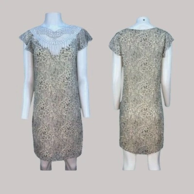 Badgley Mischka Shift Dress Womens Size 8 Beige Floral Lace Flutter Crochet - Image 1 of 4