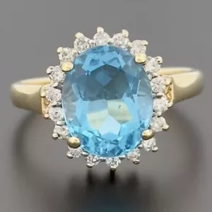 9ct Yellow Gold Blue Topaz & Diamond Cluster Ring Size L Hallmarked - Picture 1 of 10