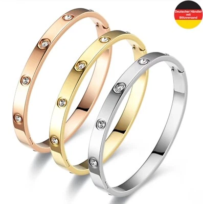 Damen Armreif Armband Edelstahl Modeschmuck Silber Gold Roségold Zirkonia Steine - Bild 1 von 4