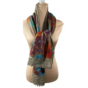 Sciarpa maglia poms floreale bordeaux blu marrone rettangolare 19" x 68" nuova - Foto 1 di 7
