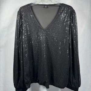 Shein Damen XL elegantes schwarzes Pailletten V-Ausschnitt Top verziert Langarm - Bild 1 von 11