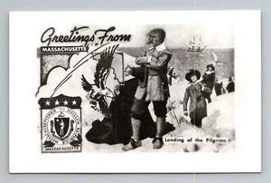 Cartolina collage RPPC Greetings from Massachusetts MA Pilgrim B&W non spedita - Foto 1 di 2