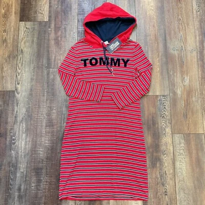 Tommy Hilfiger Hooded Dress Red/Blue Velvet Logo Pullover Long Sleeve size S NWT - Image 1 of 4