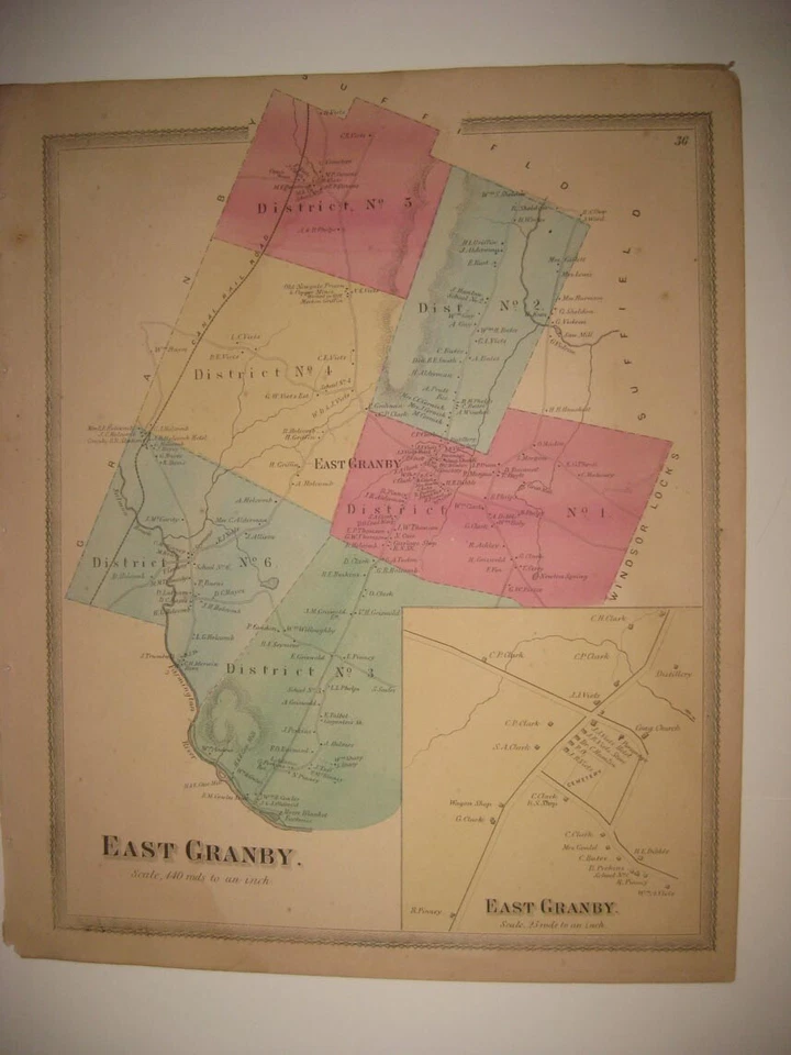ANTIQUE 1869 EAST GRANBY HARTFORD COUNTY CONNECTICUT HANDCOLORED MAP DETAILED NR - Image 1 of 1