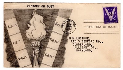 #905 Win the War 1942 WWII First Day Cover - ACE #104 Henry Luethke Hand-Drawn - Image 1 of 2