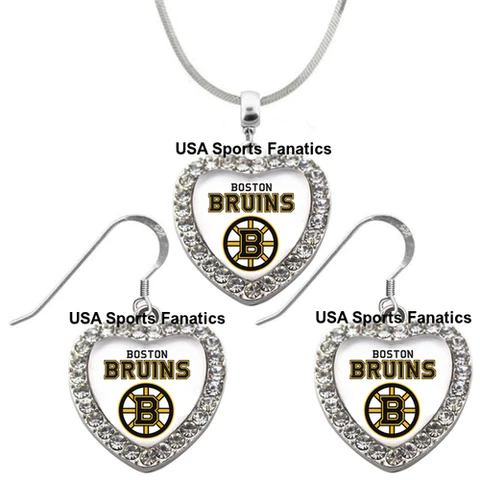 Boston Bruins 925 Necklace or Earrings or Set Team Heart With Rhinestones Cover