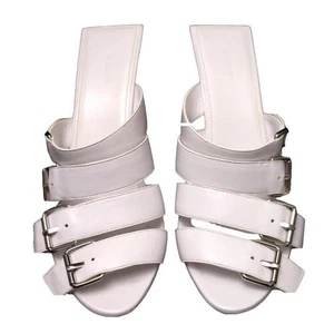 Balenciaga weiße Schnalle Leder offene Zehenpartie Pantoletten Stilettoabsatz silber 10 US 40 IT - Bild 1 von 11