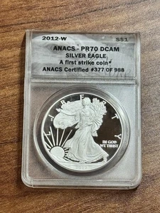 2012 W PROOF AMERICAN SILVER EAGLE GRADED ANACS PR70 DCAM COIN (Slab1215) - Picture 1 of 2