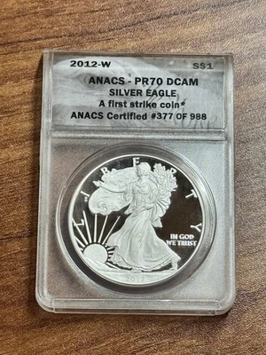 2012 W PROOF AMERICAN SILVER EAGLE GRADED ANACS PR70 DCAM COIN (Slab1215) - Image 1 of 2